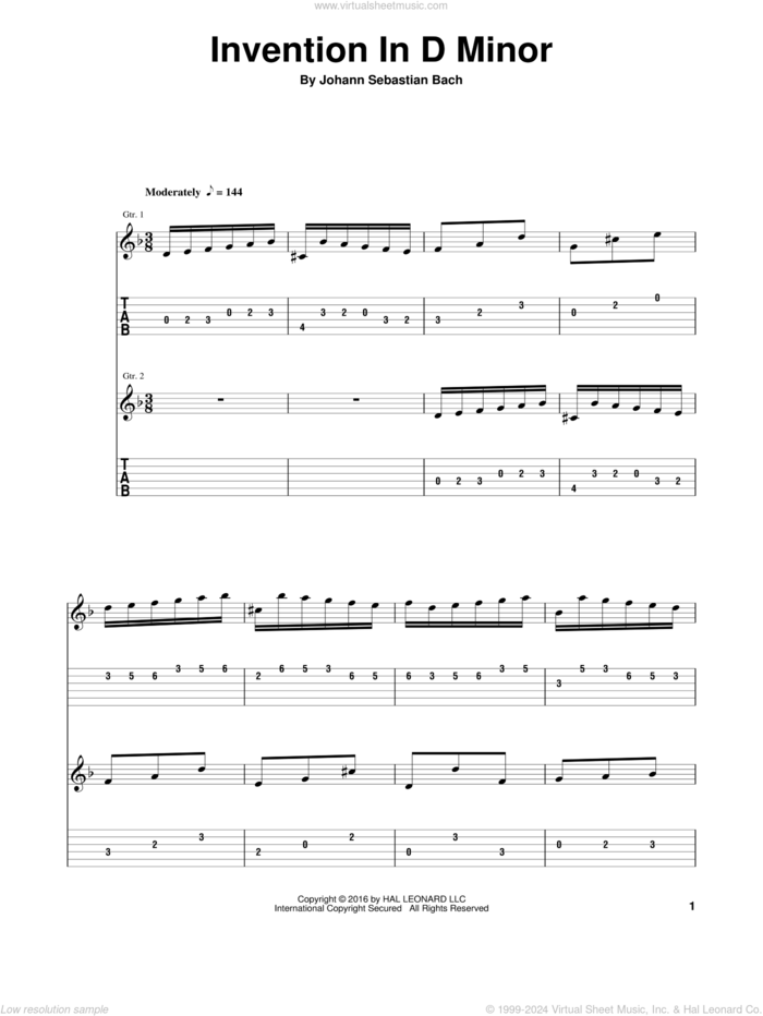 Invention In D Minor sheet music for guitar (tablature, play-along) by Johann Sebastian Bach, classical score, intermediate skill level