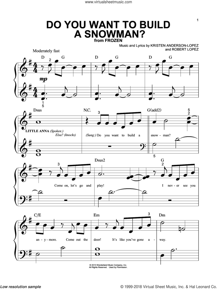 Do You Want To Build A Snowman? (from Frozen) sheet music for piano solo (big note book) by Robert Lopez, Kristen Bell, Agatha Lee Monn & Katie Lopez and Kristen Anderson-Lopez, easy piano (big note book)