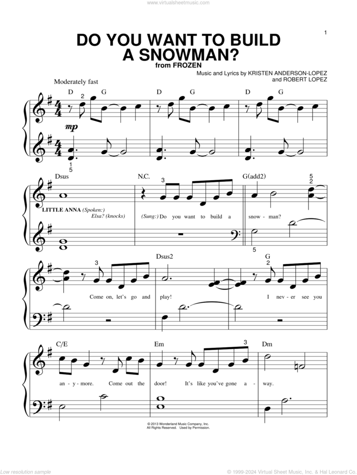 Do You Want To Build A Snowman? (from Frozen) sheet music for piano solo (big note book) by Robert Lopez, Kristen Bell, Agatha Lee Monn & Katie Lopez and Kristen Anderson-Lopez, easy piano (big note book)