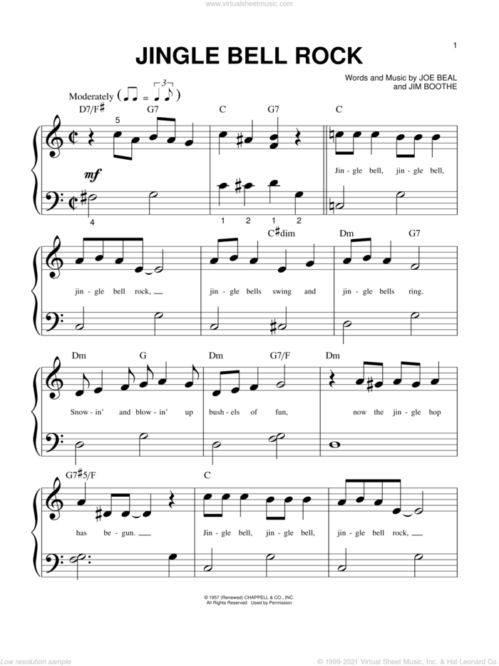 Jingle Bell Rock sheet music for piano solo (big note book) by Joe Beal, Bobby Helms and Jim Boothe, easy piano (big note book)