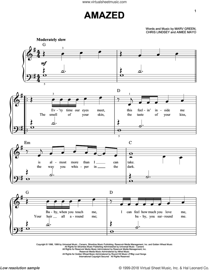 Amazed, (easy) sheet music for piano solo by Lonestar, Aimee Mayo, Chris Lindsey and Marv Green, wedding score, easy skill level