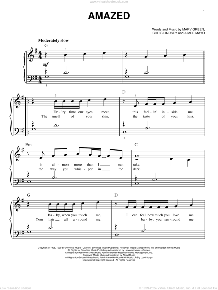 Amazed, (easy) sheet music for piano solo by Lonestar, Aimee Mayo, Chris Lindsey and Marv Green, wedding score, easy skill level