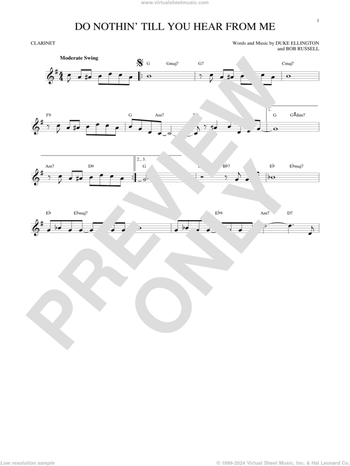 Do Nothin' Till You Hear From Me sheet music for clarinet solo by Duke Ellington and Bob Russell, intermediate skill level