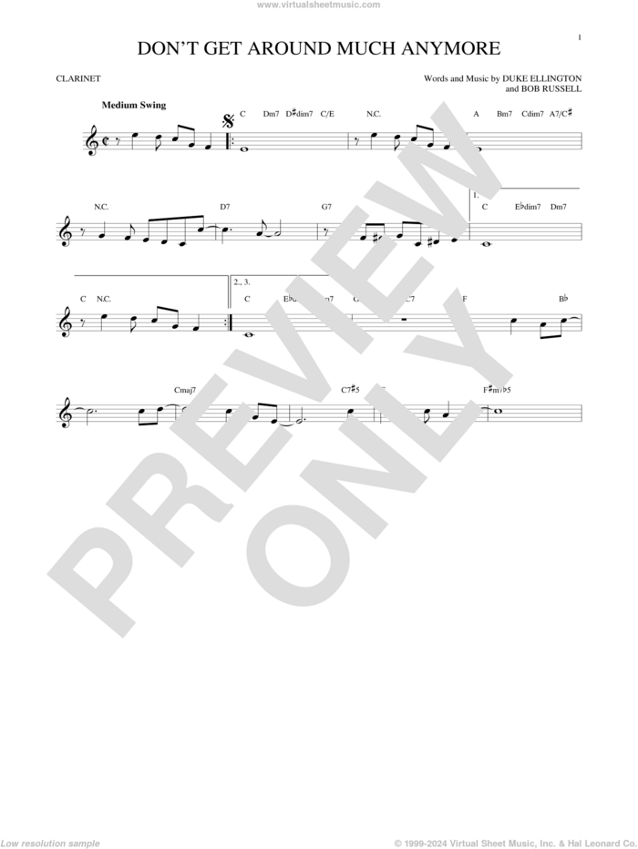 Don't Get Around Much Anymore sheet music for clarinet solo by Duke Ellington and Bob Russell, intermediate skill level