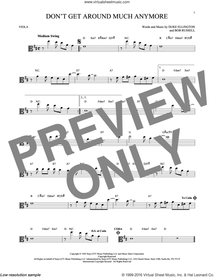 Don't Get Around Much Anymore sheet music for viola solo by Duke Ellington and Bob Russell, intermediate skill level