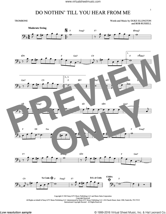 Do Nothin' Till You Hear From Me sheet music for trombone solo by Duke Ellington and Bob Russell, intermediate skill level