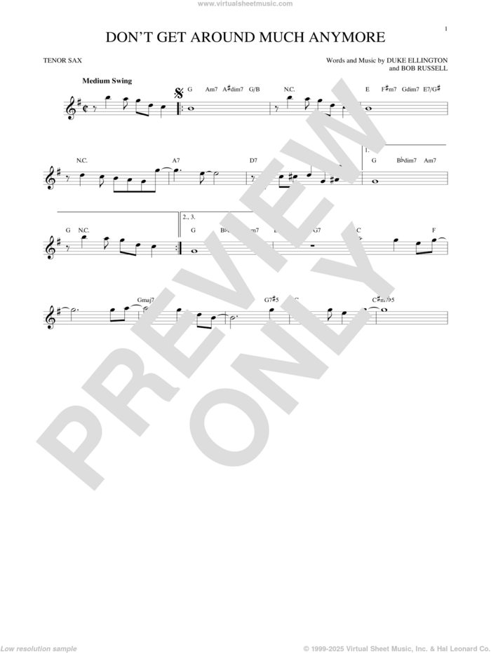 Don't Get Around Much Anymore sheet music for tenor saxophone solo by Duke Ellington and Bob Russell, intermediate skill level