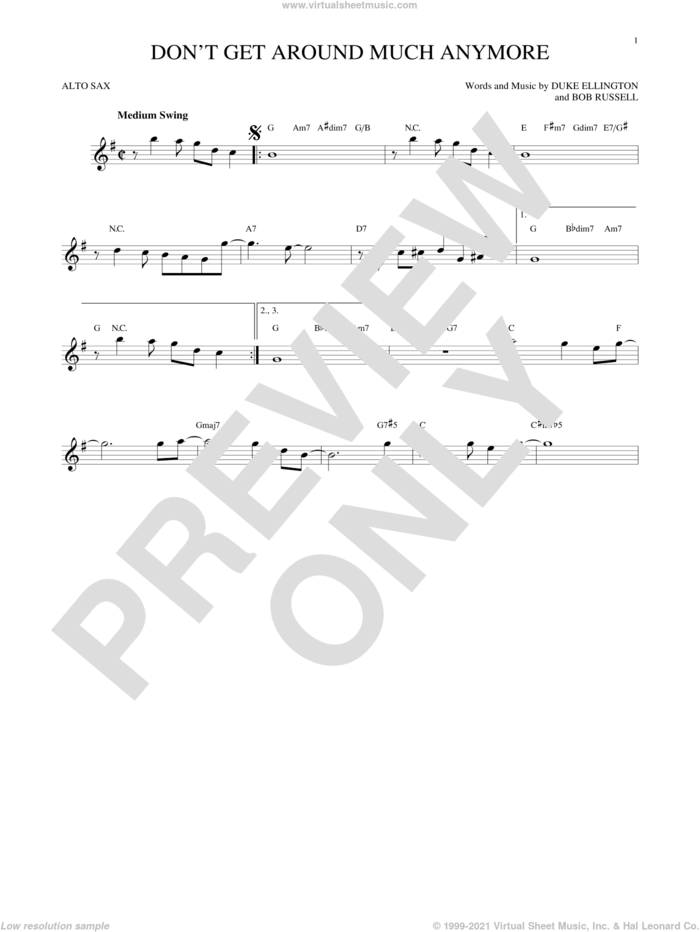 Don't Get Around Much Anymore sheet music for alto saxophone solo by Duke Ellington and Bob Russell, intermediate skill level