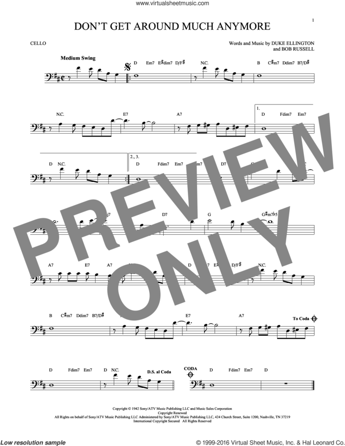 Don't Get Around Much Anymore sheet music for cello solo by Duke Ellington and Bob Russell, intermediate skill level