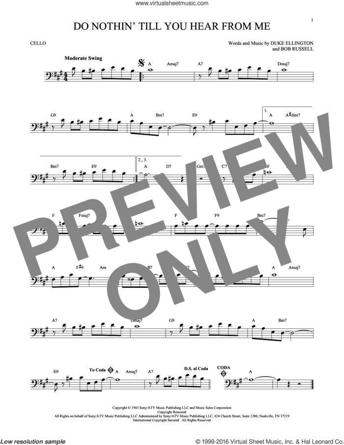 Do Nothin' Till You Hear From Me sheet music for cello solo by Duke Ellington and Bob Russell, intermediate skill level