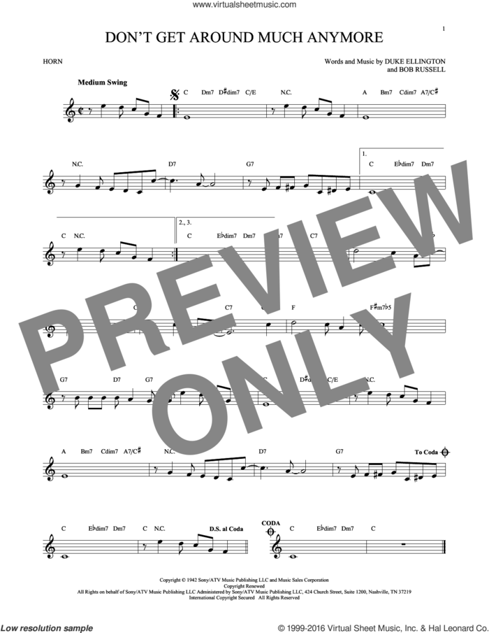 Don't Get Around Much Anymore sheet music for horn solo by Duke Ellington and Bob Russell, intermediate skill level