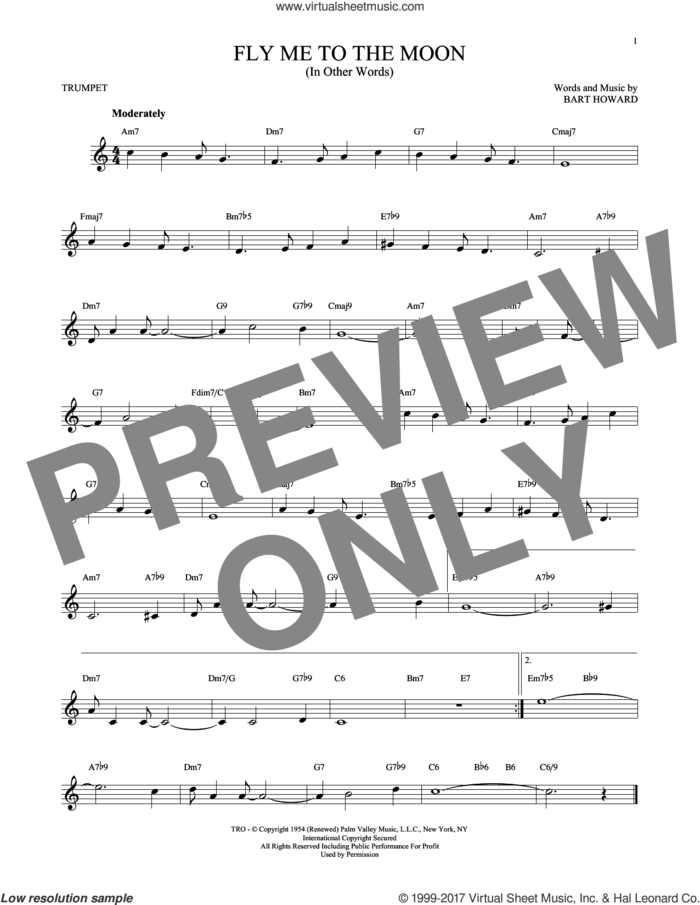 Fly Me To The Moon (In Other Words) sheet music for trumpet solo by Bart Howard and Tony Bennett, wedding score, intermediate skill level