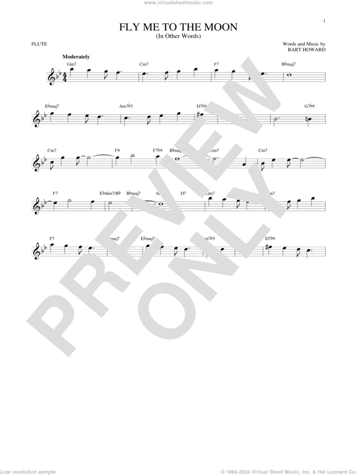 Fly Me To The Moon (In Other Words) sheet music for flute solo by Bart Howard and Tony Bennett, wedding score, intermediate skill level