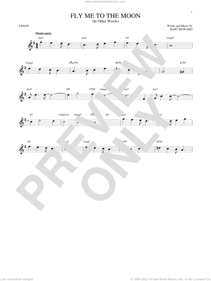 Fly Me To The Moon (In Other Words) sheet music for violin solo by Bart Howard and Tony Bennett, wedding score, intermediate skill level