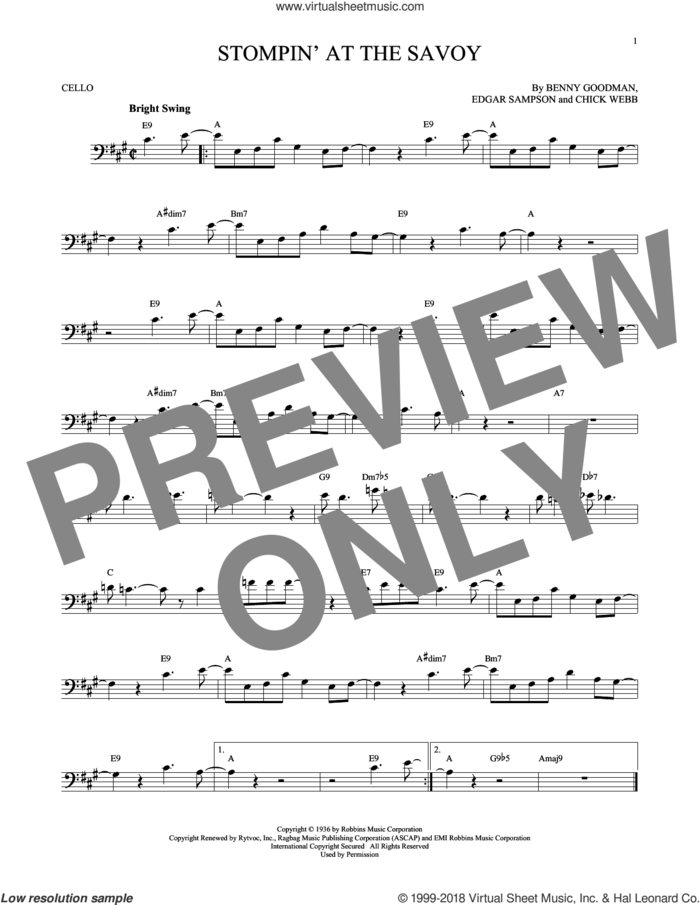 Stompin' At The Savoy sheet music for cello solo by Benny Goodman, Andy Razaf, Chick Webb and Edgar Sampson, intermediate skill level