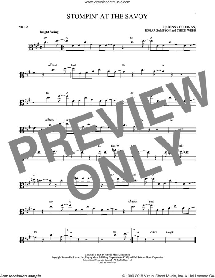 Stompin' At The Savoy sheet music for viola solo by Benny Goodman, Andy Razaf, Chick Webb and Edgar Sampson, intermediate skill level
