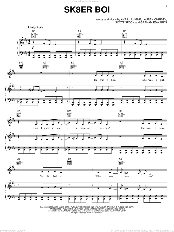 Sk8er Boi sheet music for voice, piano or guitar by Avril Lavigne, Graham Edwards and Lauren Christy, intermediate skill level