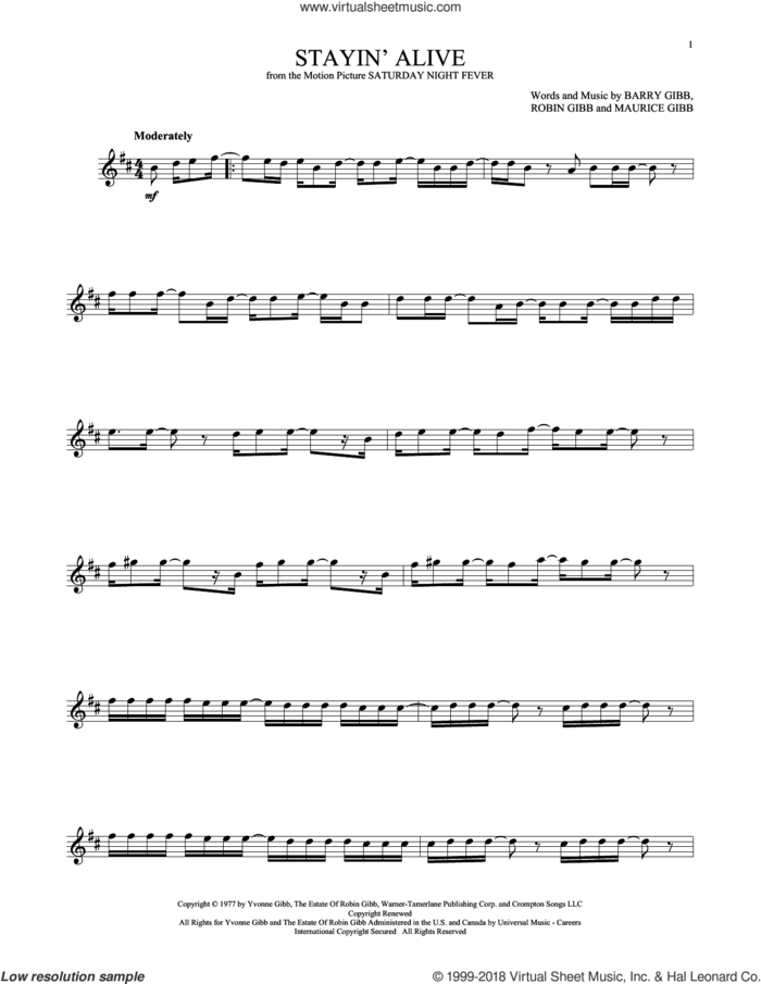 Stayin' Alive sheet music for tenor saxophone solo by Barry Gibb, Bee Gees, N-Trance, Maurice Gibb and Robin Gibb, intermediate skill level