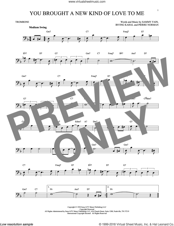 You Brought A New Kind Of Love To Me sheet music for trombone solo by Sammy Fain, Scott Hamilton, Irving Kahal and Pierre Norman, intermediate skill level