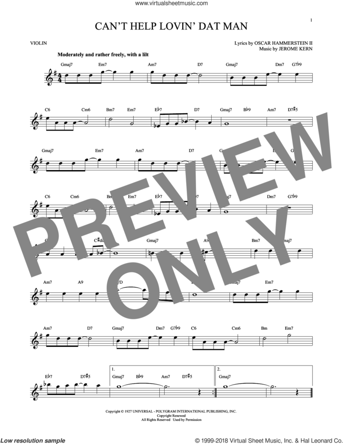 Can't Help Lovin' Dat Man sheet music for violin solo by Oscar II Hammerstein, Annette Warren, Helen Morgan and Jerome Kern, intermediate skill level