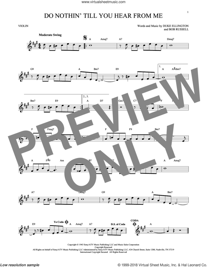 Do Nothin' Till You Hear From Me sheet music for violin solo by Duke Ellington and Bob Russell, intermediate skill level