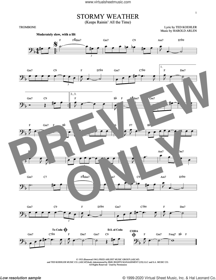 Stormy Weather (Keeps Rainin' All The Time) sheet music for trombone solo by Harold Arlen and Ted Koehler, intermediate skill level