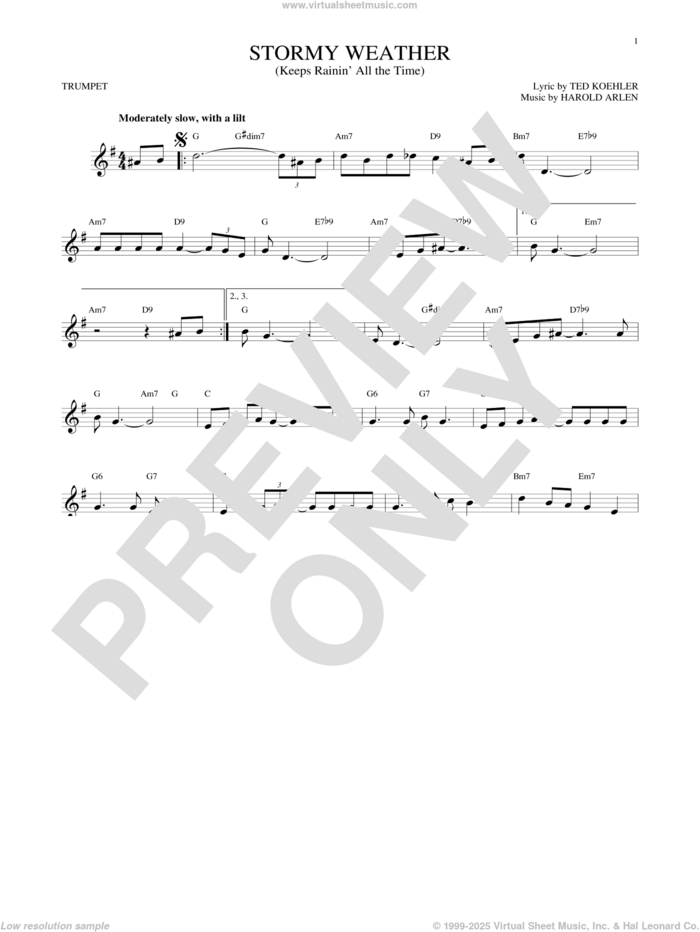 Stormy Weather (Keeps Rainin' All The Time) sheet music for trumpet solo by Harold Arlen and Ted Koehler, intermediate skill level