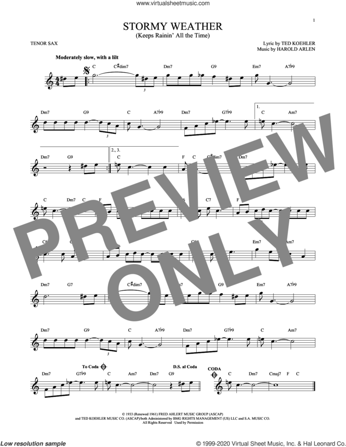 Stormy Weather (Keeps Rainin' All The Time) sheet music for tenor saxophone solo by Harold Arlen and Ted Koehler, intermediate skill level