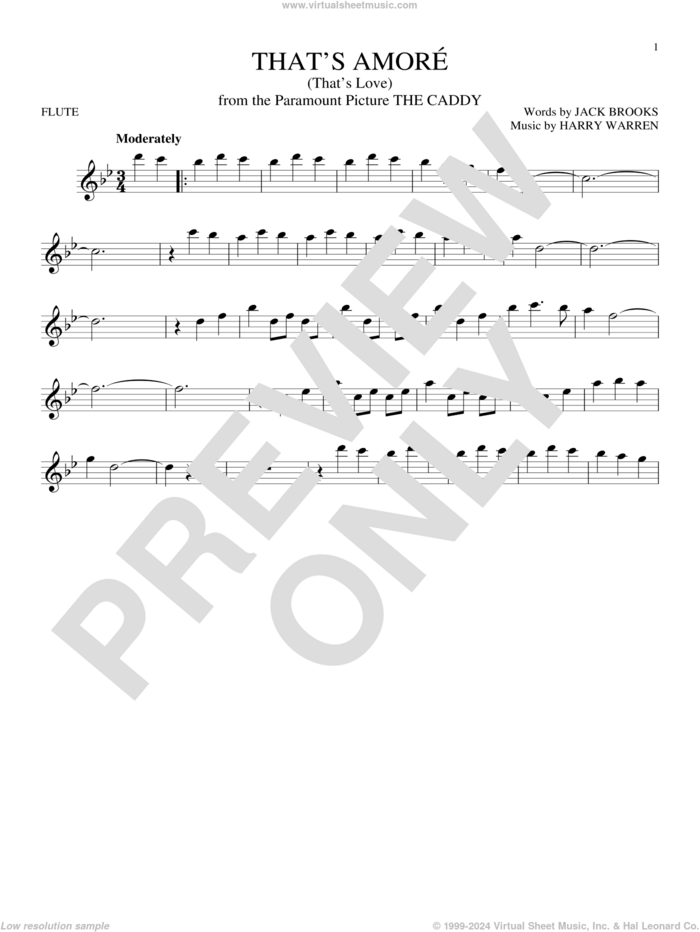 That's Amore (That's Love) sheet music for flute solo by Dean Martin, Harry Warren and Jack Brooks, intermediate skill level