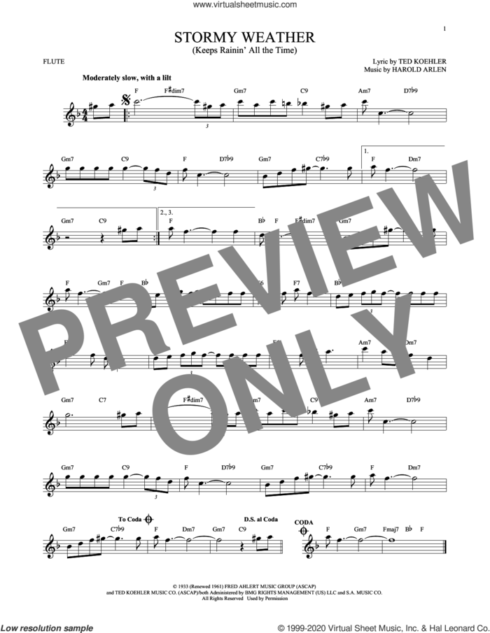 Stormy Weather (Keeps Rainin' All The Time) sheet music for flute solo by Harold Arlen and Ted Koehler, intermediate skill level