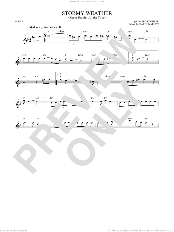 Stormy Weather (Keeps Rainin' All The Time) sheet music for flute solo by Harold Arlen and Ted Koehler, intermediate skill level