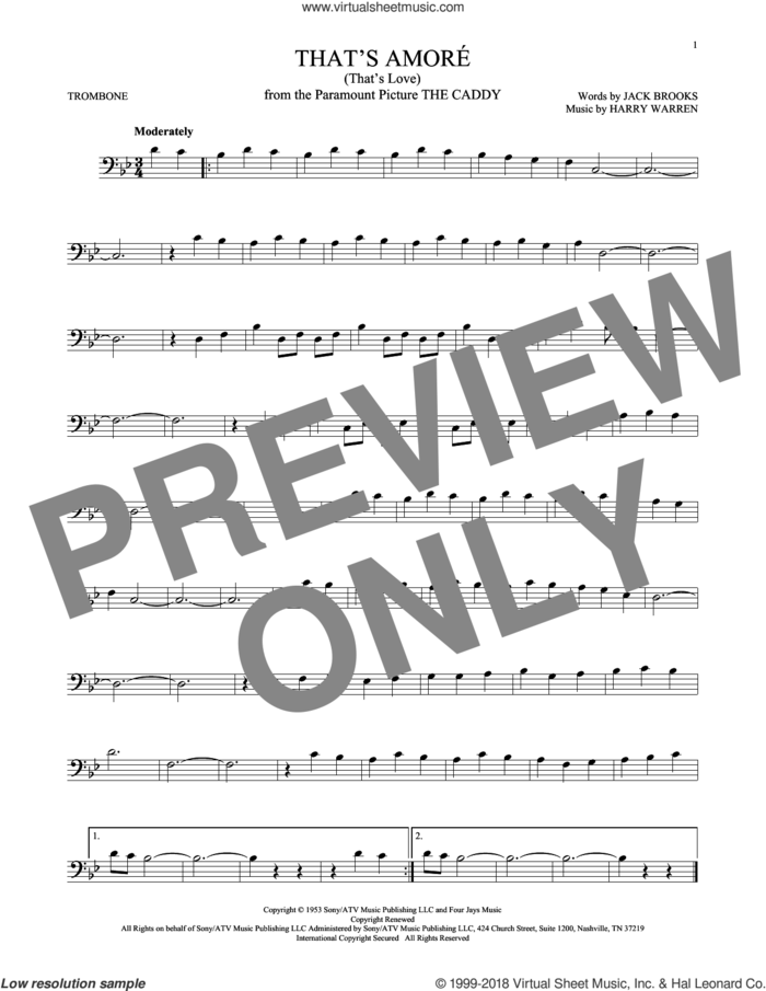 That's Amore (That's Love) sheet music for trombone solo by Dean Martin, Harry Warren and Jack Brooks, intermediate skill level