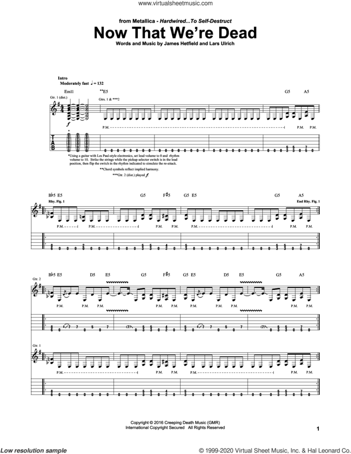 Now That We're Dead sheet music for guitar (tablature) by Metallica, James Hetfield and Lars Ulrich, intermediate skill level