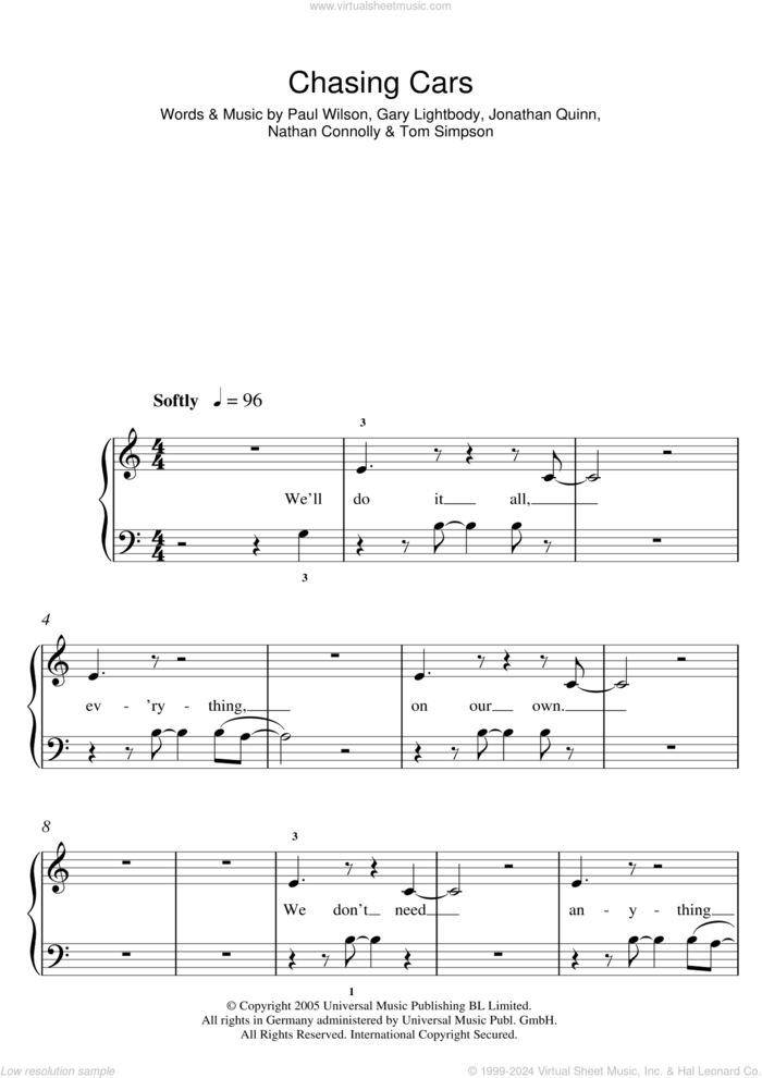 Chasing Cars sheet music for piano solo (5-fingers) by Snow Patrol, Gary Lightbody, Jonathan Quinn, Nathan Connolly, Paul Wilson and Tom Simpson, beginner piano (5-fingers)