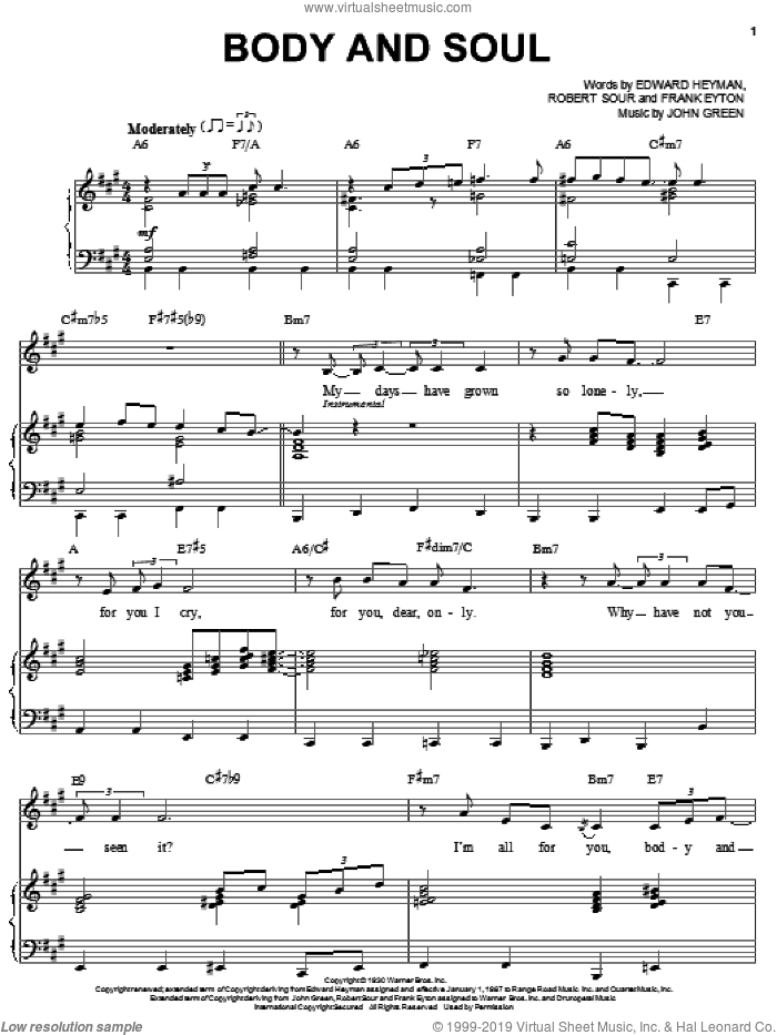 Body And Soul sheet music for voice and piano by Billie Holiday, Edward Heyman, Frank Eyton, Johnny Green and Robert Sour, intermediate skill level