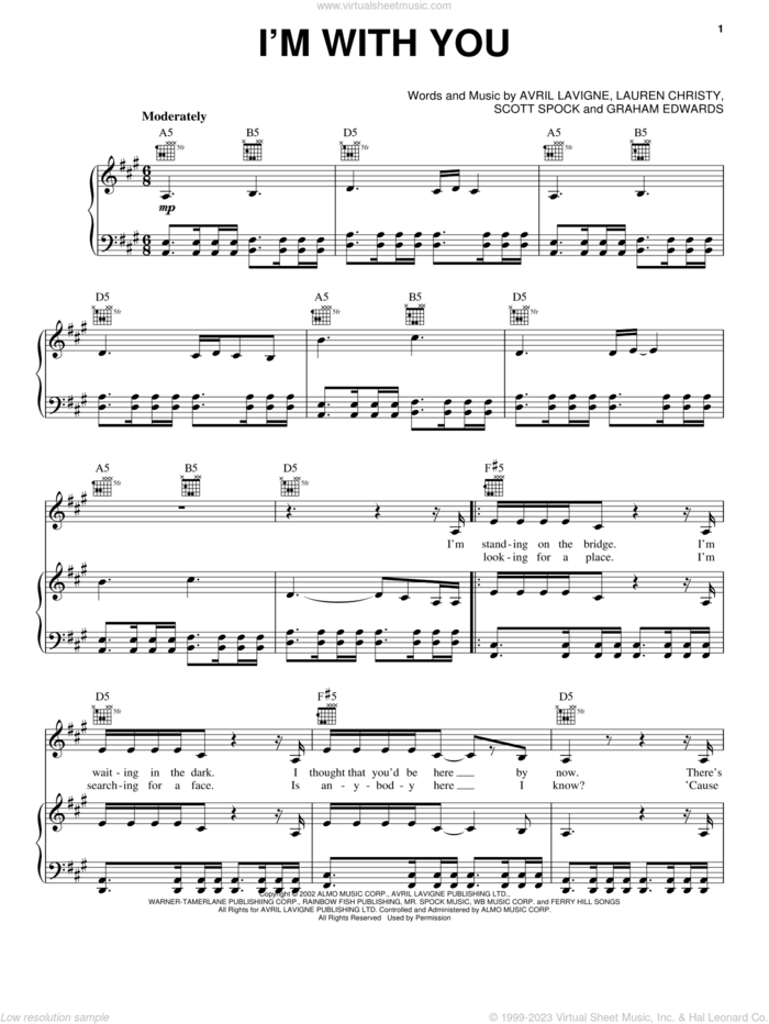 I'm With You sheet music for voice, piano or guitar by Avril Lavigne, Graham Edwards and Lauren Christy, intermediate skill level