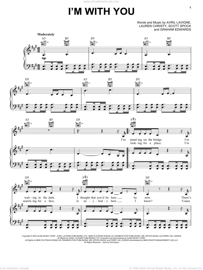 I'm With You sheet music for voice, piano or guitar by Avril Lavigne, Graham Edwards and Lauren Christy, intermediate skill level