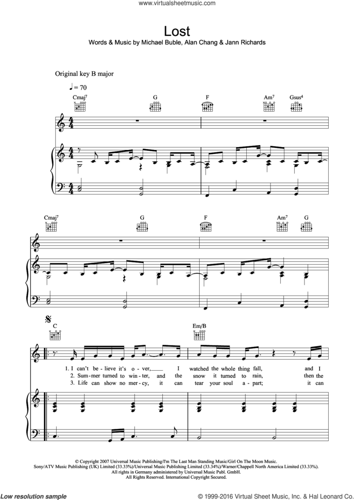 Lost sheet music for voice, piano or guitar by Michael Buble, Alan Chang and Jann Richards, intermediate skill level