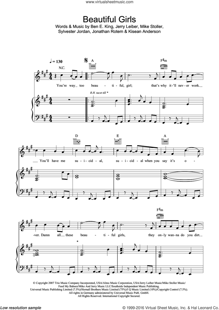 Beautiful Girls sheet music for voice, piano or guitar by Sean Kingston, Ben E. King, Jerry Leiber, Jonathan Rotem, Kisean Anderson, Mike Stoller and Sylvester Jordan, intermediate skill level