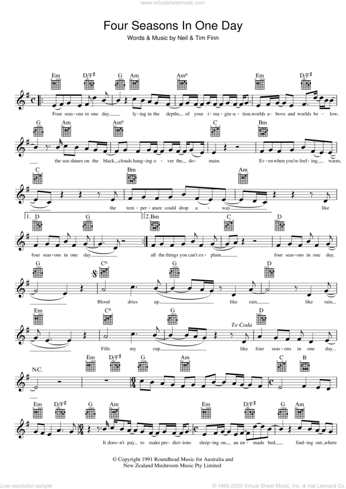 Four Seasons In One Day sheet music for voice and other instruments (fake book) by Crowded House, Neil Finn and Tim Finn, intermediate skill level