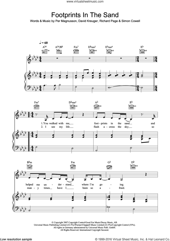 Footprints In The Sand sheet music for voice, piano or guitar by Leona Lewis, David Kreuger, Per Magnusson, Richard Page and Simon Cowell, intermediate skill level