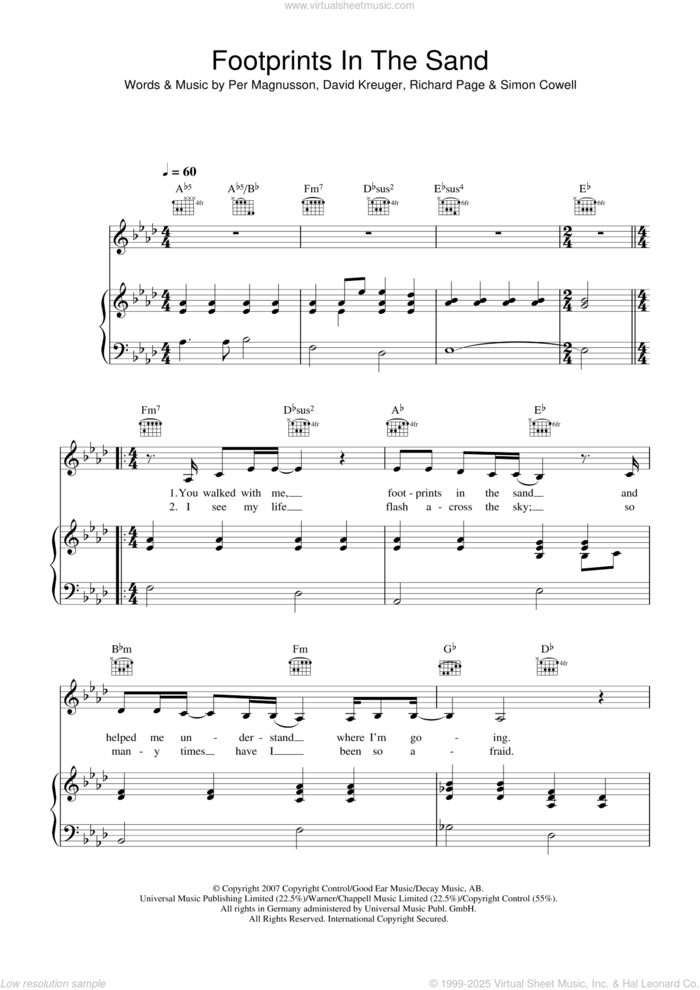 Footprints In The Sand sheet music for voice, piano or guitar by Leona Lewis, David Kreuger, Per Magnusson, Richard Page and Simon Cowell, intermediate skill level