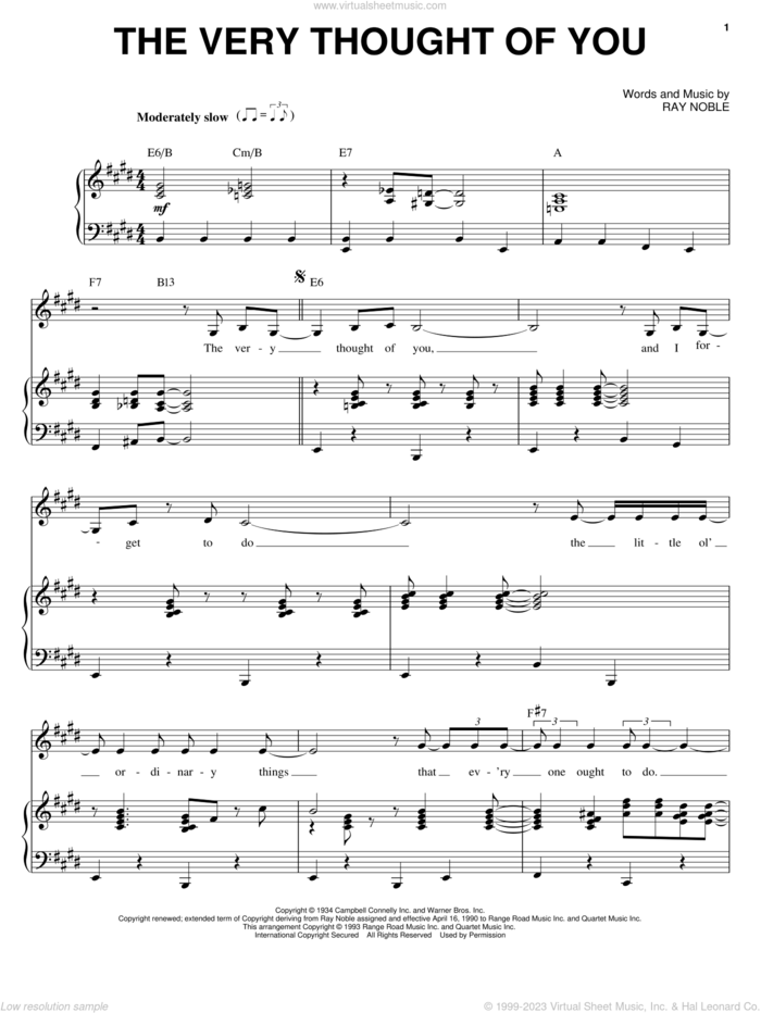 The Very Thought Of You sheet music for voice and piano by Billie Holiday, Kate Smith, Nat King Cole, Ray Conniff and Ray Noble, intermediate skill level