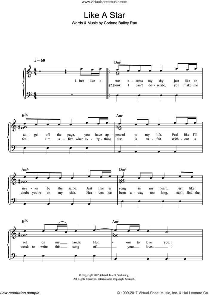 Like A Star sheet music for piano solo by Corinne Bailey Rae, easy skill level