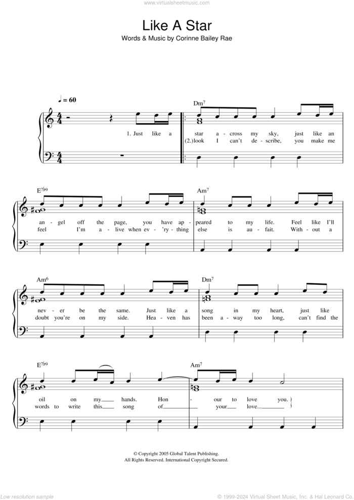 Like A Star sheet music for piano solo by Corinne Bailey Rae, easy skill level