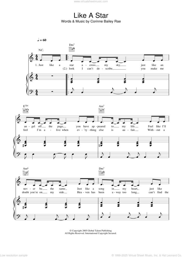 Like A Star sheet music for voice, piano or guitar by Corinne Bailey Rae, intermediate skill level