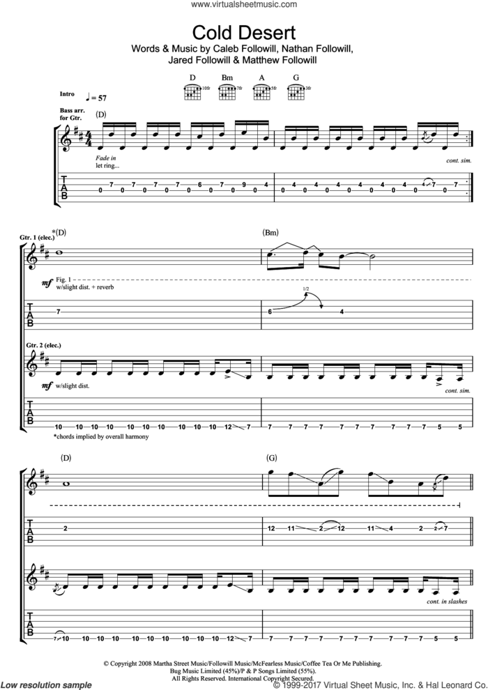 Cold Desert sheet music for guitar (tablature) by Kings Of Leon, Caleb Followill, Jared Followill, Matthew Followill and Nathan Followill, intermediate skill level
