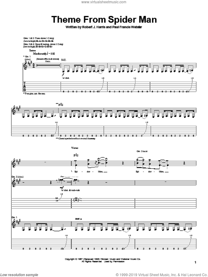 Theme From Spider-Man sheet music for guitar (tablature) by Paul Francis Webster, Spider-Man (Movie) and Bob Harris, intermediate skill level