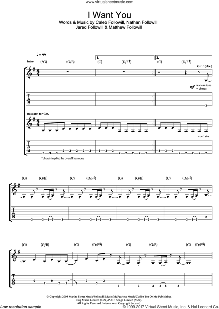 I Want You sheet music for guitar (tablature) by Kings Of Leon, Caleb Followill, Jared Followill, Matthew Followill and Nathan Followill, intermediate skill level