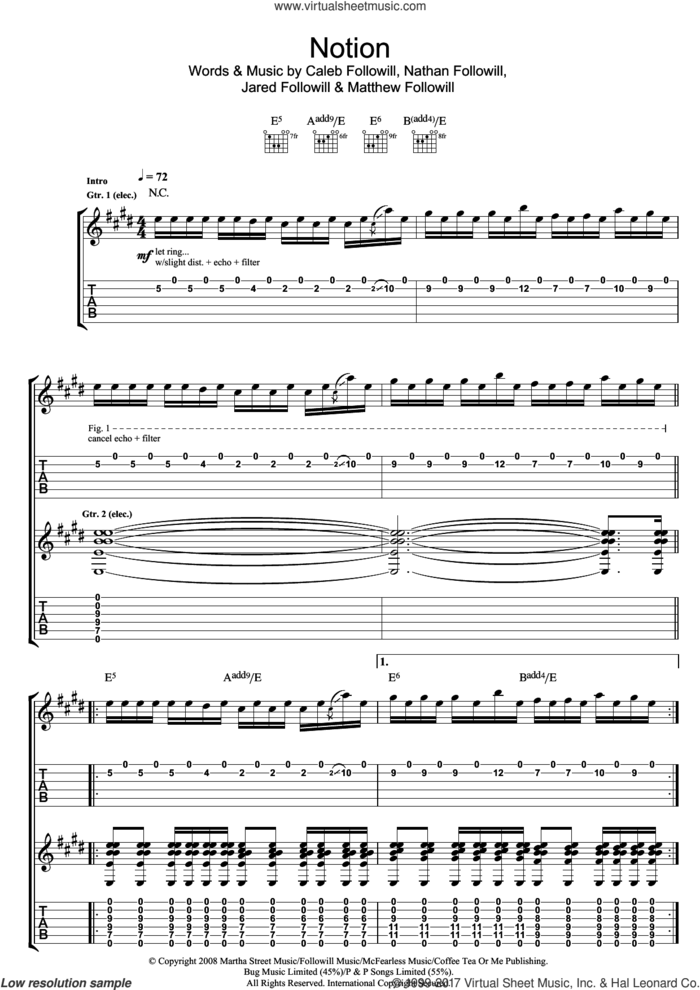 Notion sheet music for guitar (tablature) by Kings Of Leon, Caleb Followill, Jared Followill, Matthew Followill and Nathan Followill, intermediate skill level